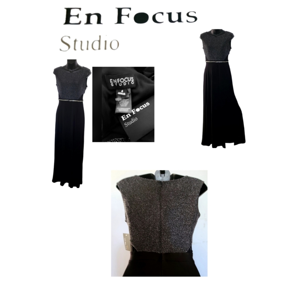 EnFocus Studio METALLIC WITH BLACK MAXI DESIGNER DRESS SIZE 4 NWT - Picture 1 of 6